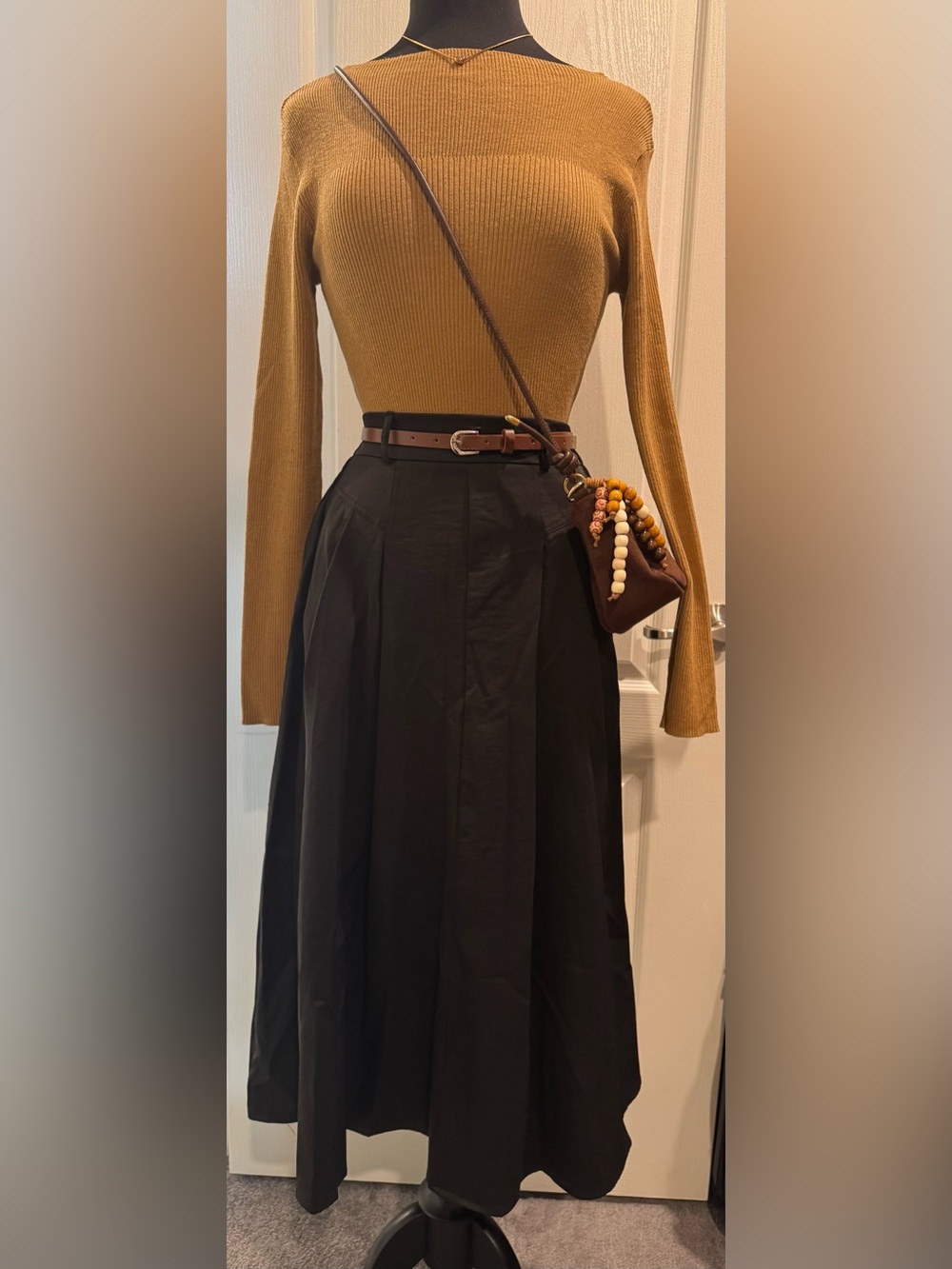 Bundle - Skirt w/ belt, Knitted top, Brown suede bag w/ charm and necklace